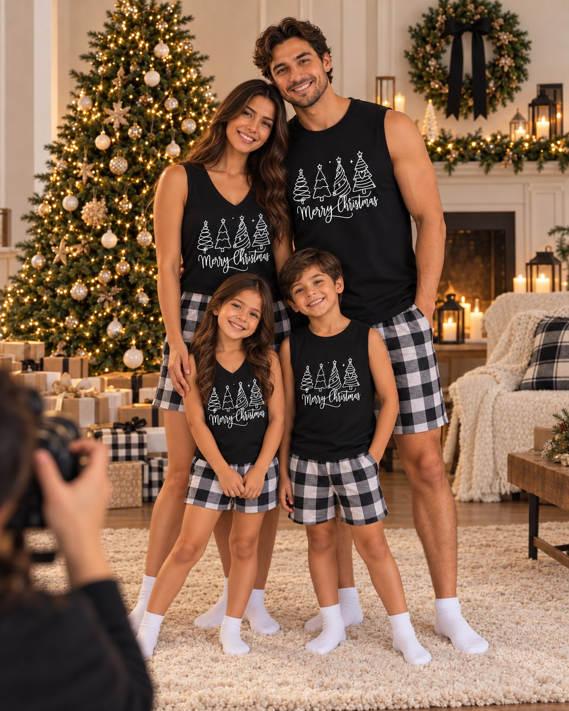 Familia con pijamas navideñas sin mangas y short a cuadros grises